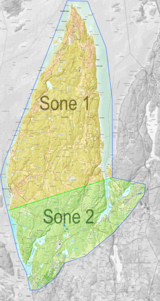 Kart over Berger Gårds leveringsområder. Sone 1 dekker hele Nesodden, mens Sone 2 dekker deler av Frogn med Vinterbro og Drøbak.